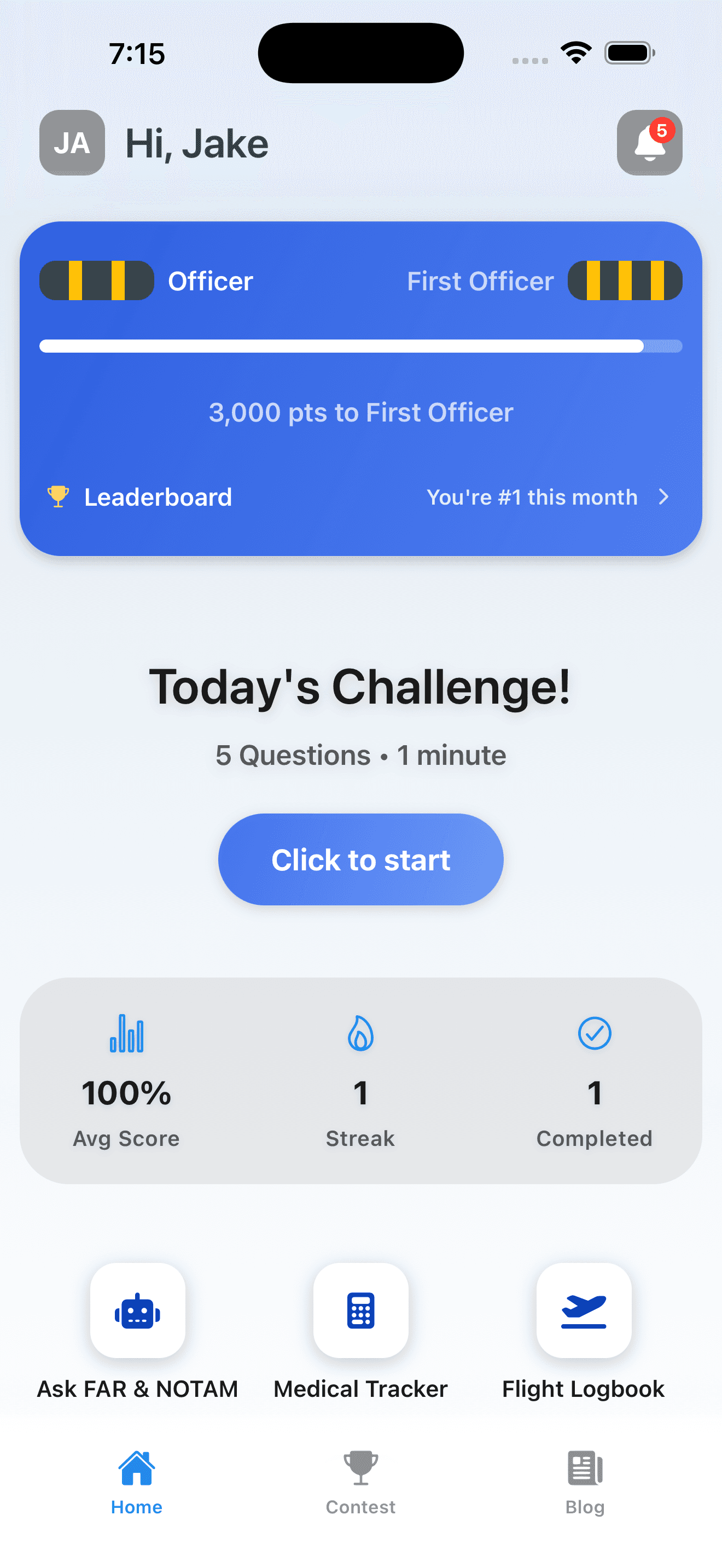 Pilot92 app home with daily challenges and aviation tools